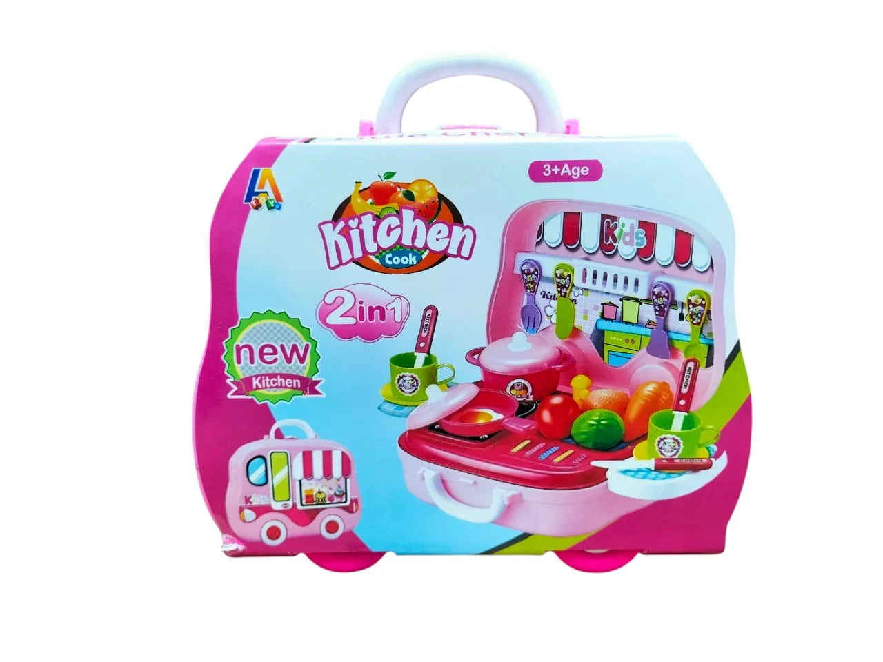 Kids 2-in-1 kitchen pretend play set in suitcase with handle, pink and blue