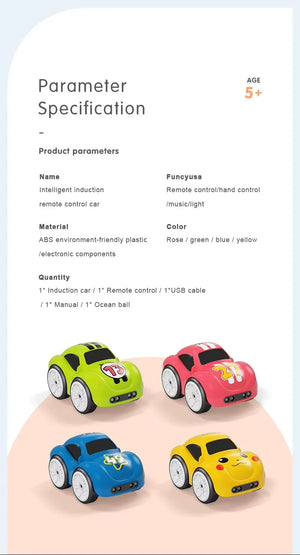 Four colorful line-follow induction toy cars in yellow, green, blue, and red