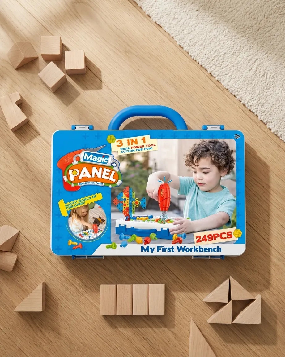 Blue DIY building puzzle kit in a handled case, 3-in-1, 249 pieces with panel parts.