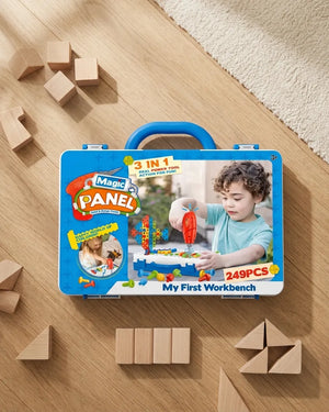 Blue DIY building puzzle kit in a handled case, 3-in-1, 249 pieces with panel parts.