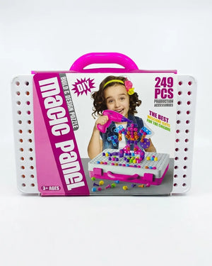 Pink DIY building puzzle kit in a handled case, 249 pieces, Magic Panel workbench set.