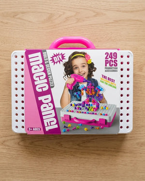 Pink DIY building puzzle kit box with handle, 249 pieces, Magic Panel workbench design.