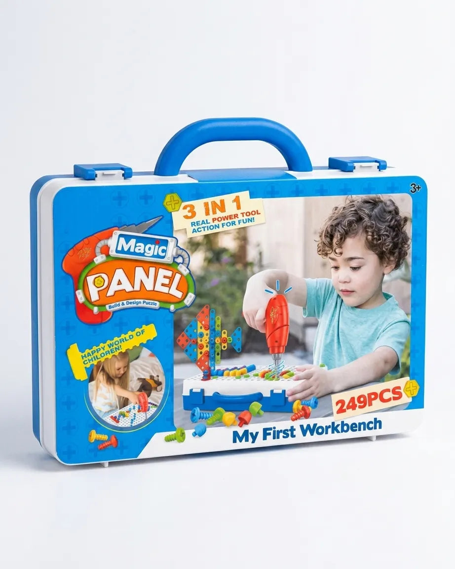 Blue DIY building puzzle kit case with handle, 3-in-1 action, 249 pieces with bench parts.