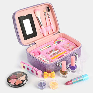 Mermaid glitter makeup & jewelry case, open with brushes, lip color, and nail polish