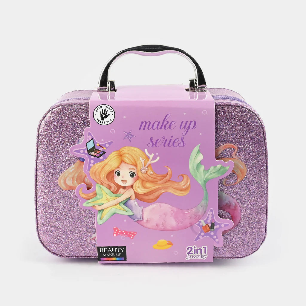 Mermaid glitter makeup & jewelry case, purple glitter front with mermaid artwork and card