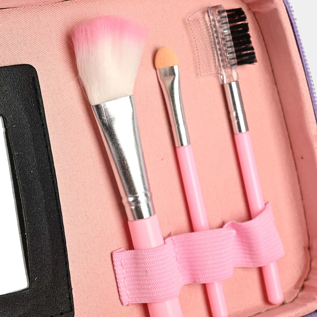 Mermaid glitter makeup & jewelry case, open with pink makeup brushes in holder
