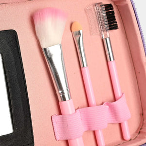 Mermaid glitter makeup & jewelry case, open with pink makeup brushes in holder