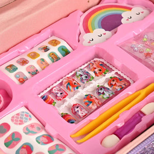 Mermaid glitter makeup & jewelry case, open with rainbow-themed makeup compartments and tools