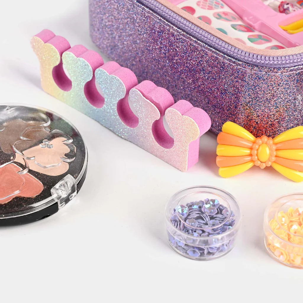 Mermaid glitter makeup & jewelry case, glitter side, heart mirror, and rainbow glitter pots