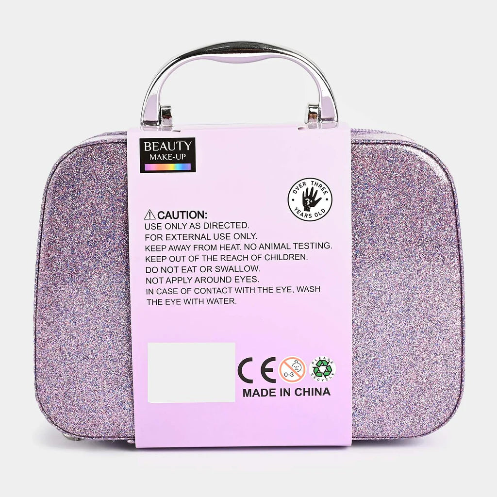 Mermaid glitter makeup & jewelry case, back view with caution/label card on purple case