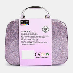 Mermaid glitter makeup & jewelry case, back view with caution/label card on purple case