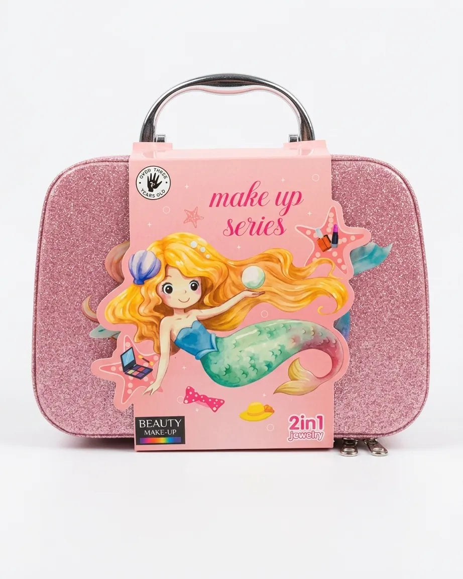 Mermaid glitter makeup & jewelry case, pink glitter carry case with mermaid front graphic