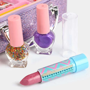 Mermaid glitter makeup & jewelry case items, glitter nail polish, lip gloss tube, bottles