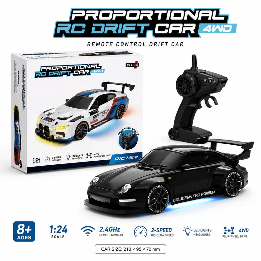 RC drift car set box with black 1:24 car and 2.4GHz remote