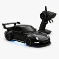 Black RC drift car with 2.4GHz remote controller, front and side view