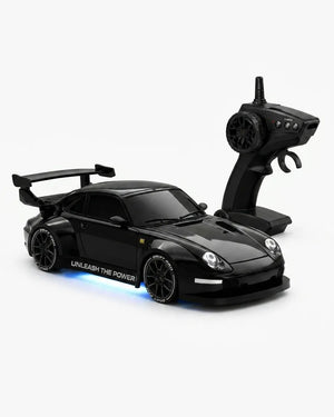 Black RC drift car with 2.4GHz remote controller, front and side view