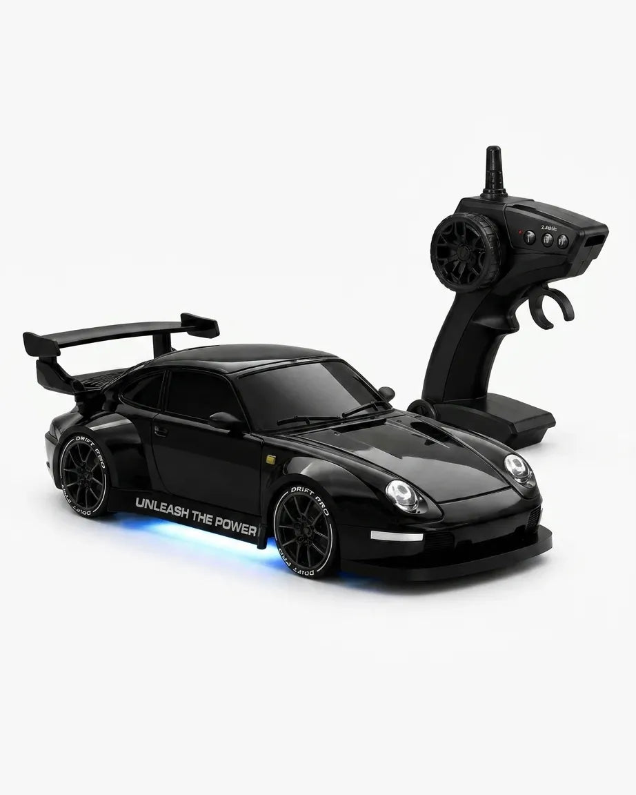 Black RC drift car with 2.4GHz remote controller, front and side view