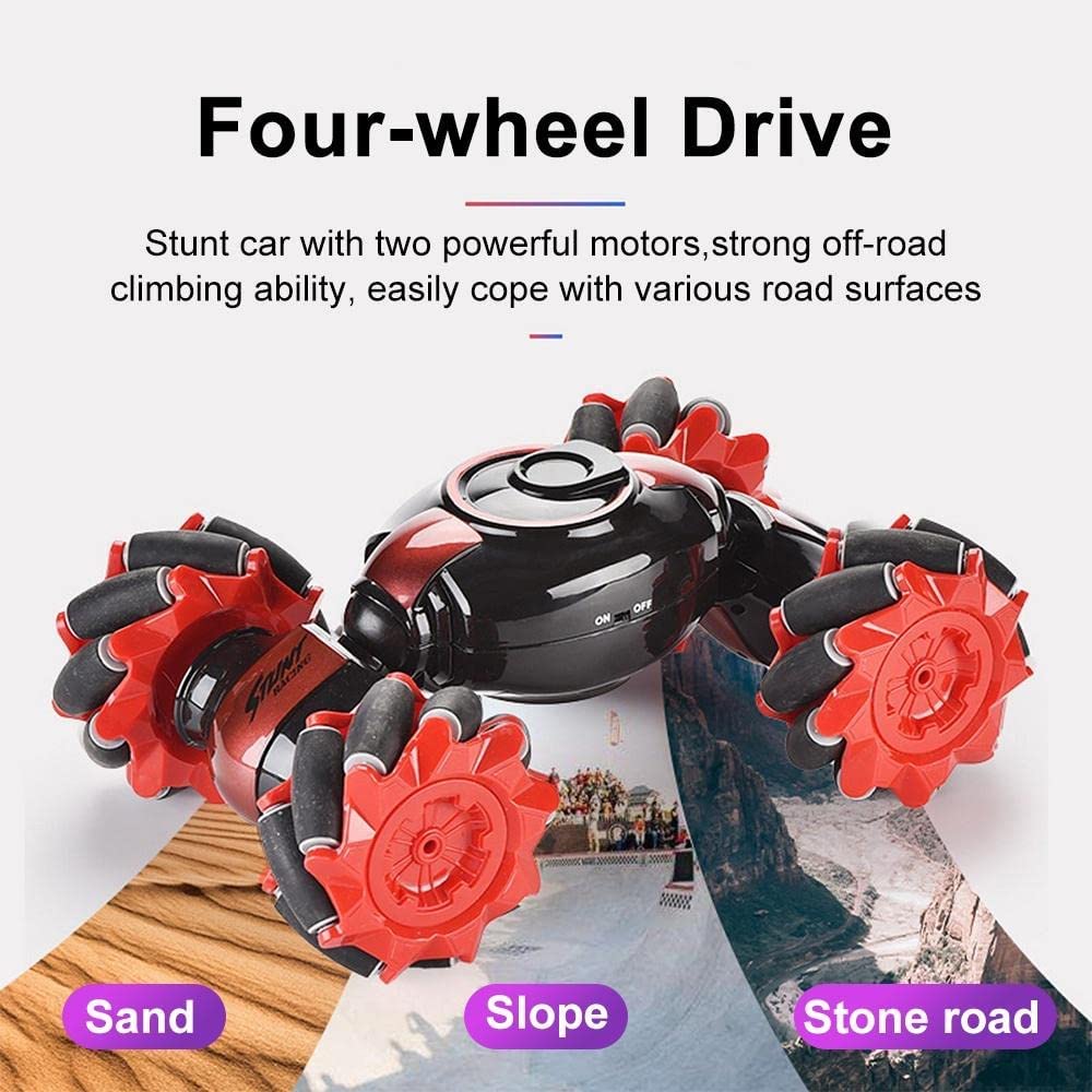 Red and black four-wheel drive stunt RC car with oversized off-road tires