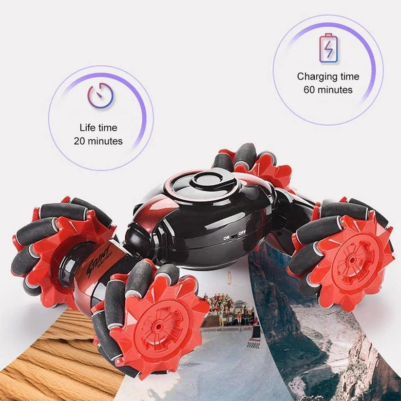 Red and black stunt RC car with four treaded wheels and glossy shell