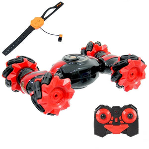 Red and black stunt RC car with controller device and wrist remote