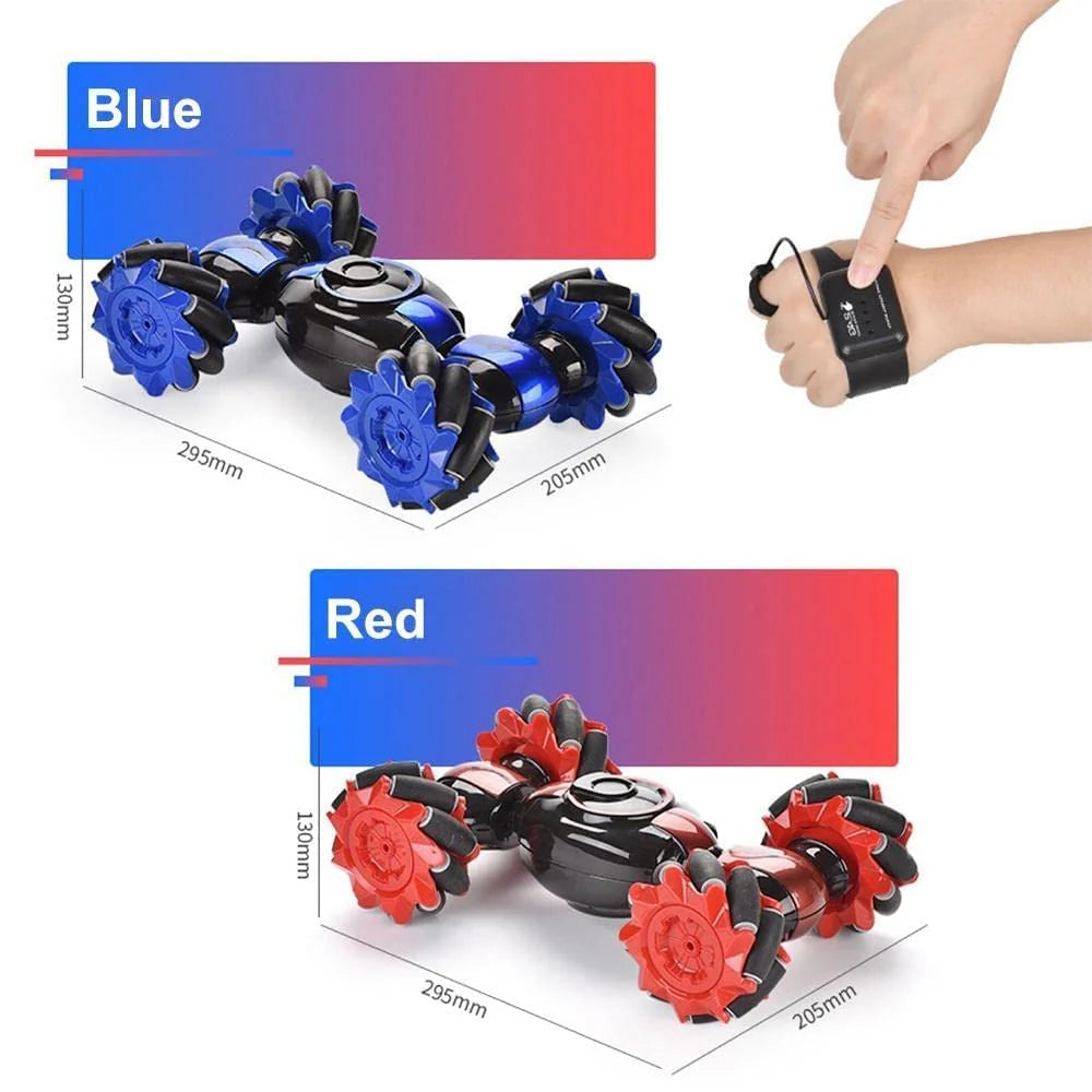 Gesture-controlled stunt RC cars in blue and red with four large wheels