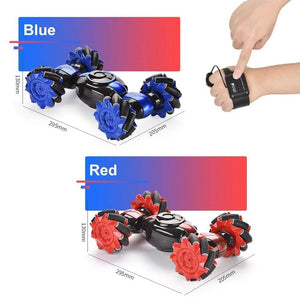 Gesture-controlled stunt RC cars in blue and red with four large wheels