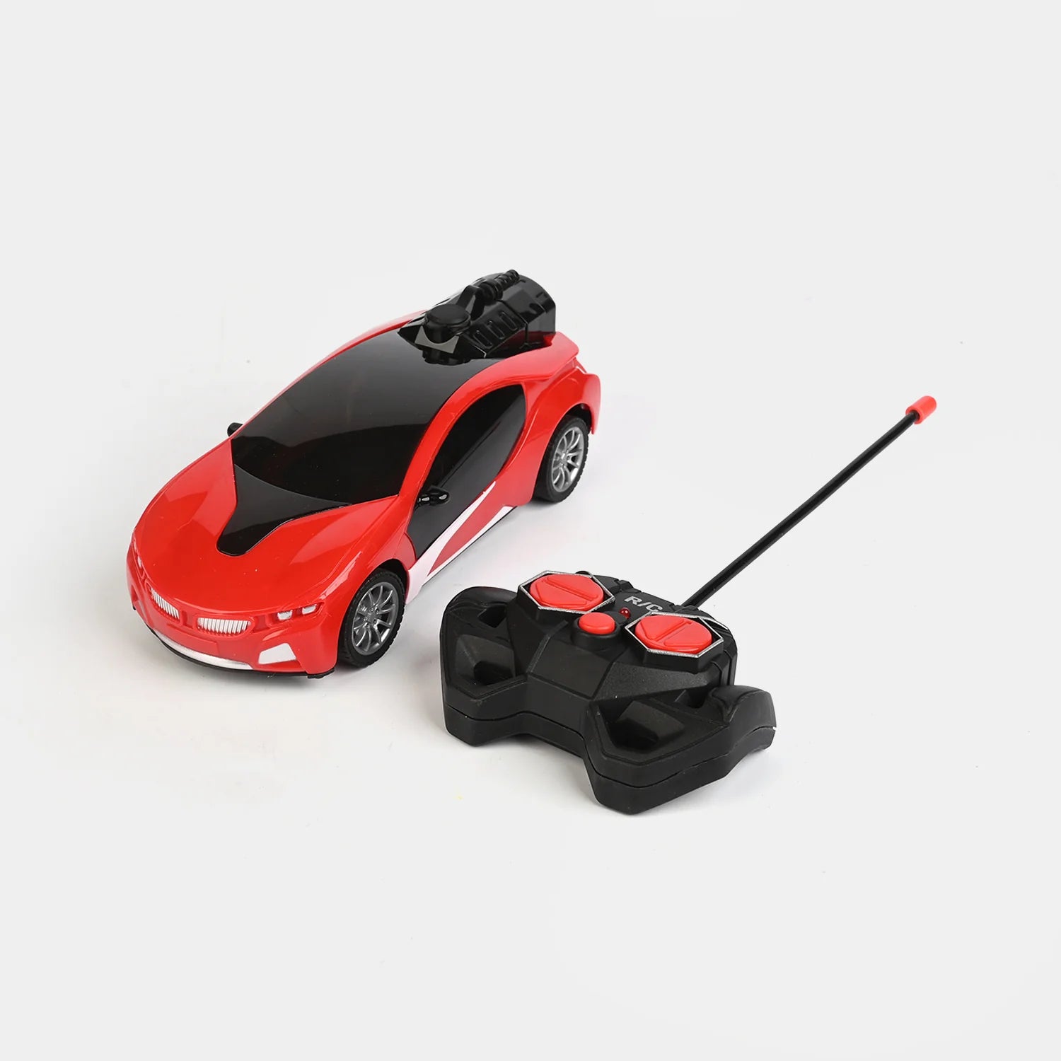 Red RC spray drift car with black hood, black remote controller with red buttons