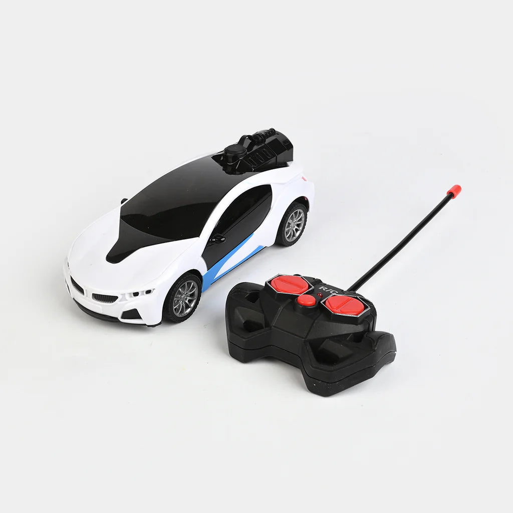 White RC spray drift car with blue stripe, black remote controller and long antenna