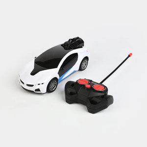 White RC spray drift car with blue stripe, black remote controller and long antenna