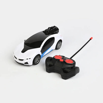 White RC spray drift car with blue stripe, black remote controller and long antenna