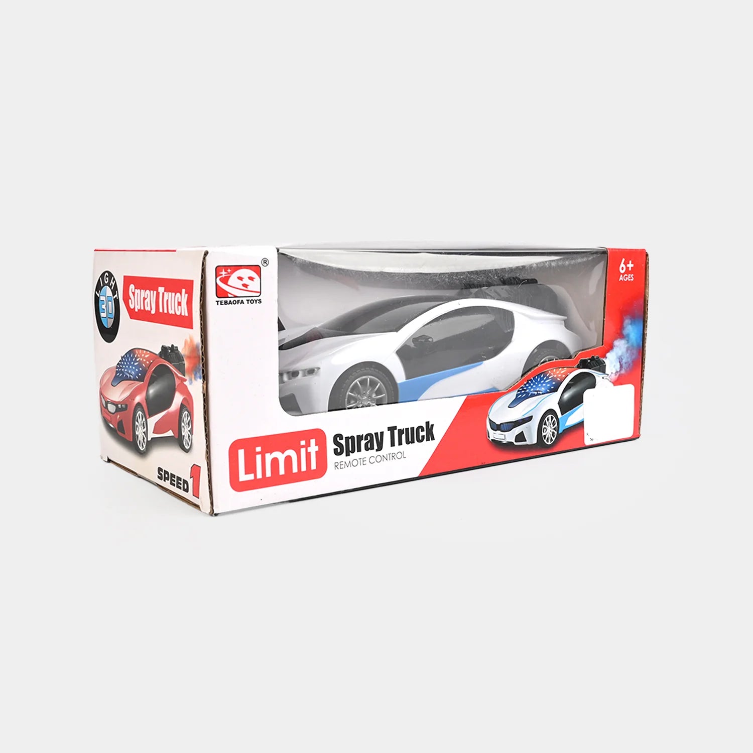 Retail box for remote-controlled spray drift car, car pictured with blue stripe