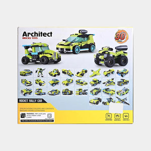 Rocket rally car building blocks set box showing green car and parts set layout