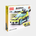 Rocket rally car building blocks box with lime-green and teal assembled car