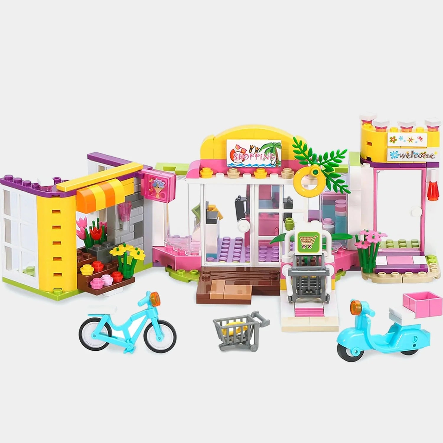 Detailed mall building blocks with storefront windows, plants, and accessories