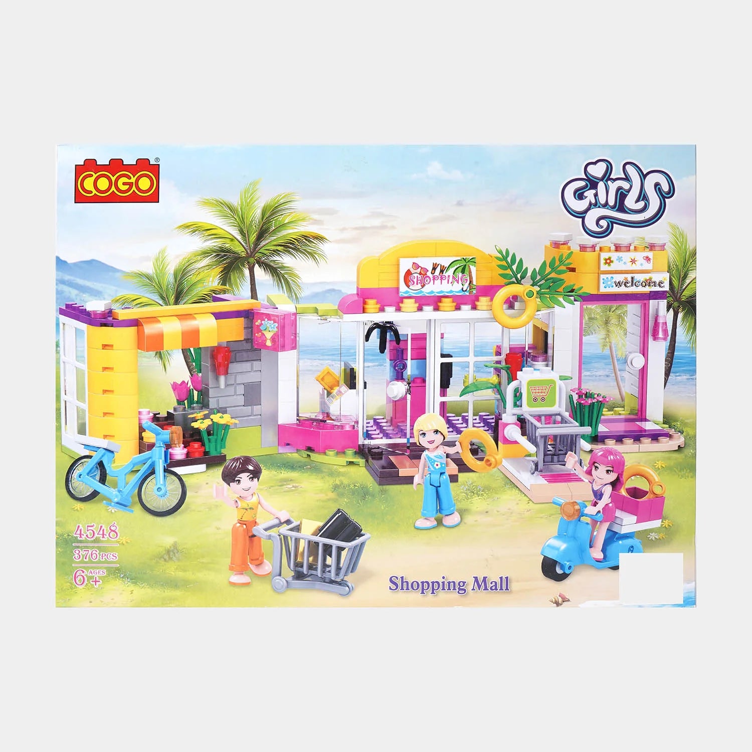 Shopping mall building blocks set with small characters and outdoor accessories