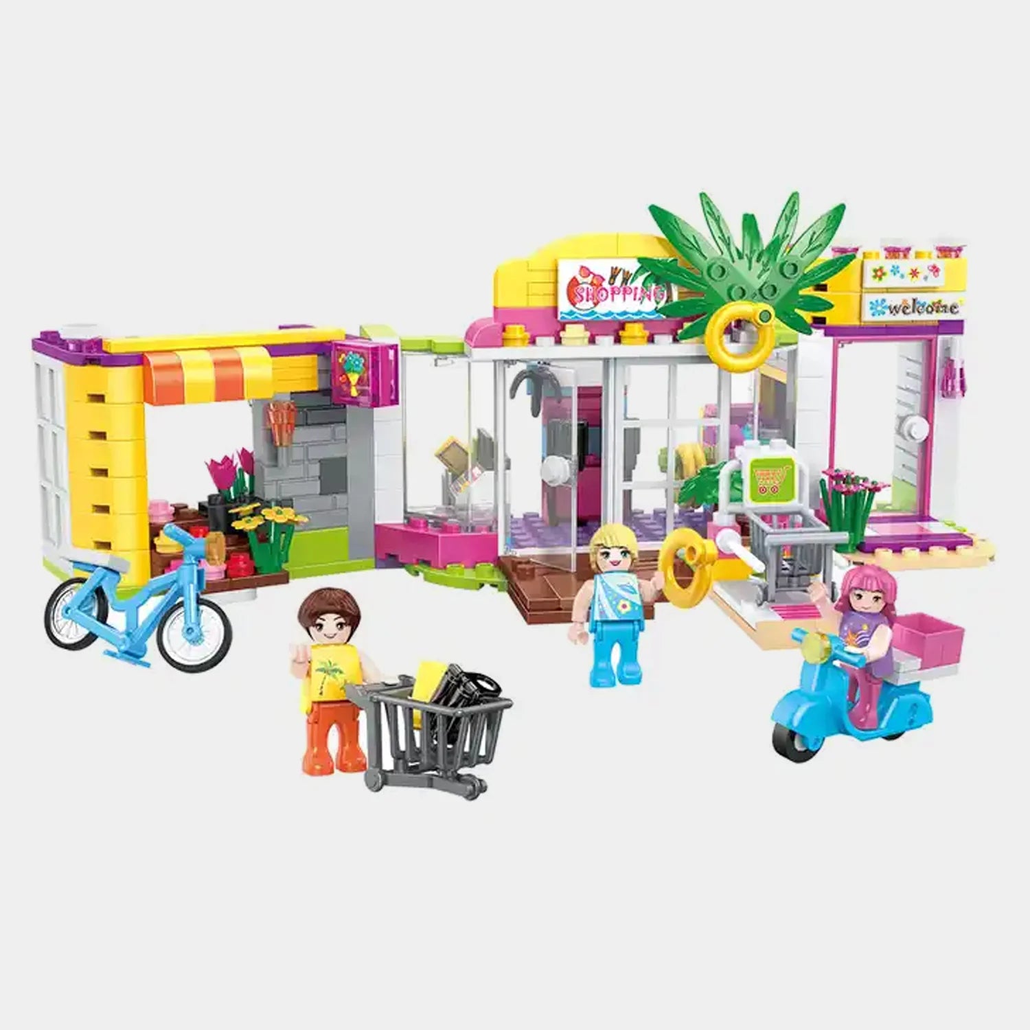 Shopping mall building blocks with yellow roof, pink counters, and mini figures