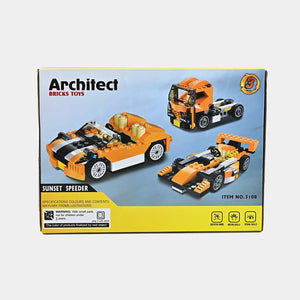 Architect building blocks racing car set box with orange and black car designs