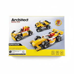 Architect Bricks Toys building set box with three yellow race car models