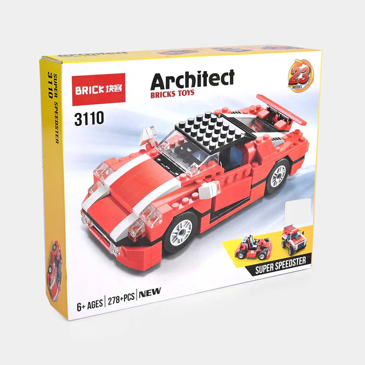Sports car building blocks set box featuring a red car model and 278 pieces