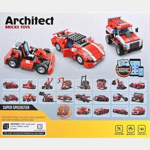 Red sports car building blocks set shown from multiple build angles