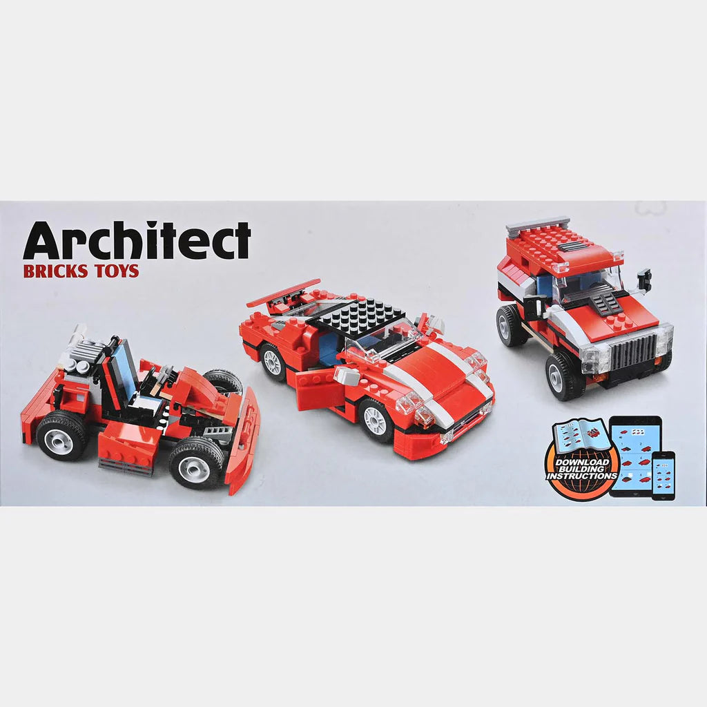 Red and black sports car building blocks with rear wing and side wheels