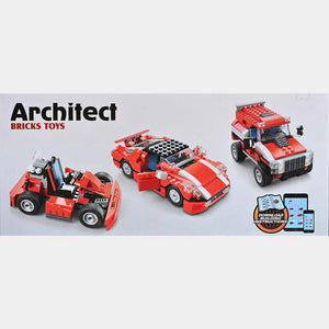 Red and black sports car building blocks with rear wing and side wheels