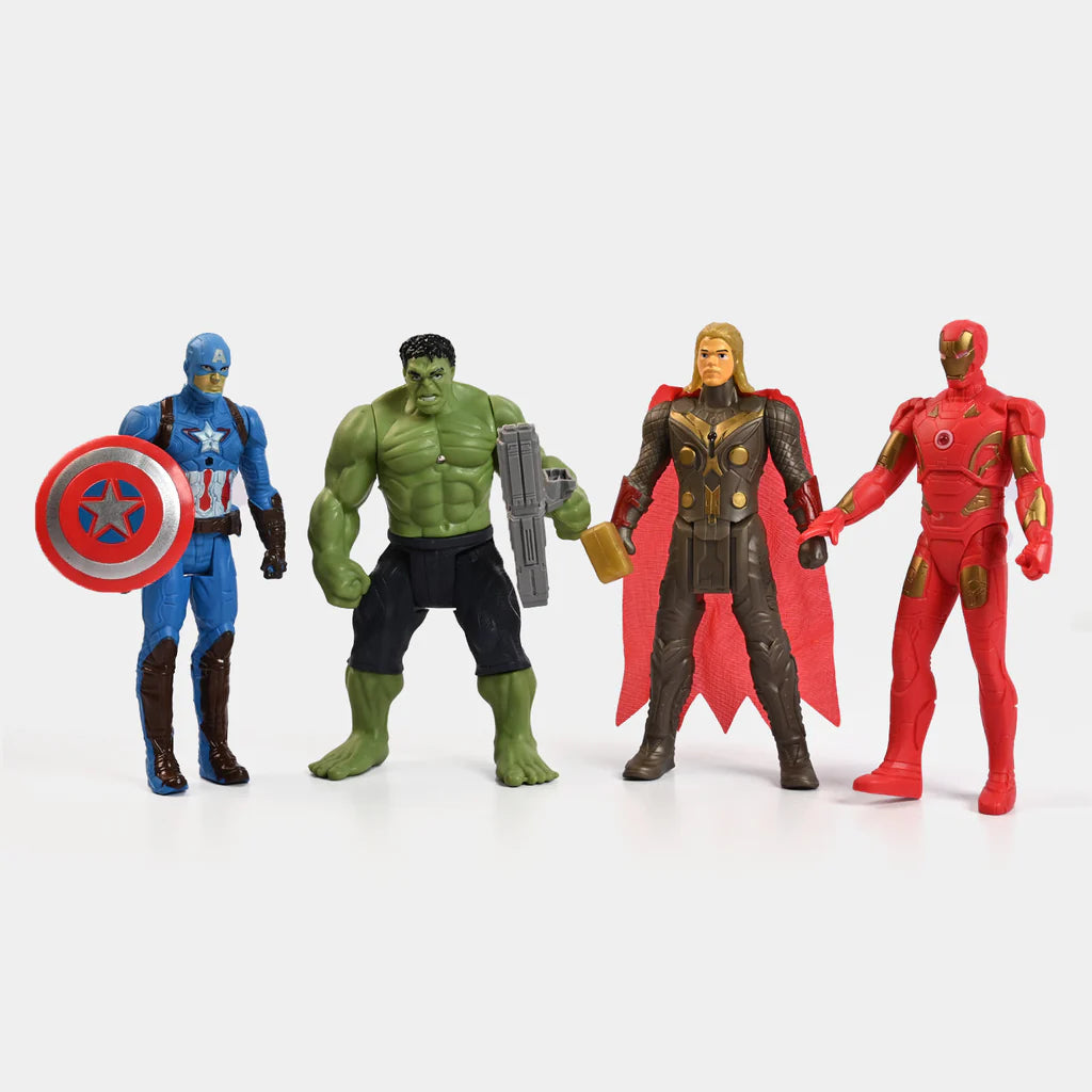 Four superhero action figures standing: blue shield, green muscle, black-red, red suit