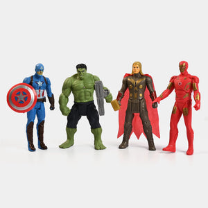 Four superhero action figures standing: blue shield, green muscle, black-red, red suit