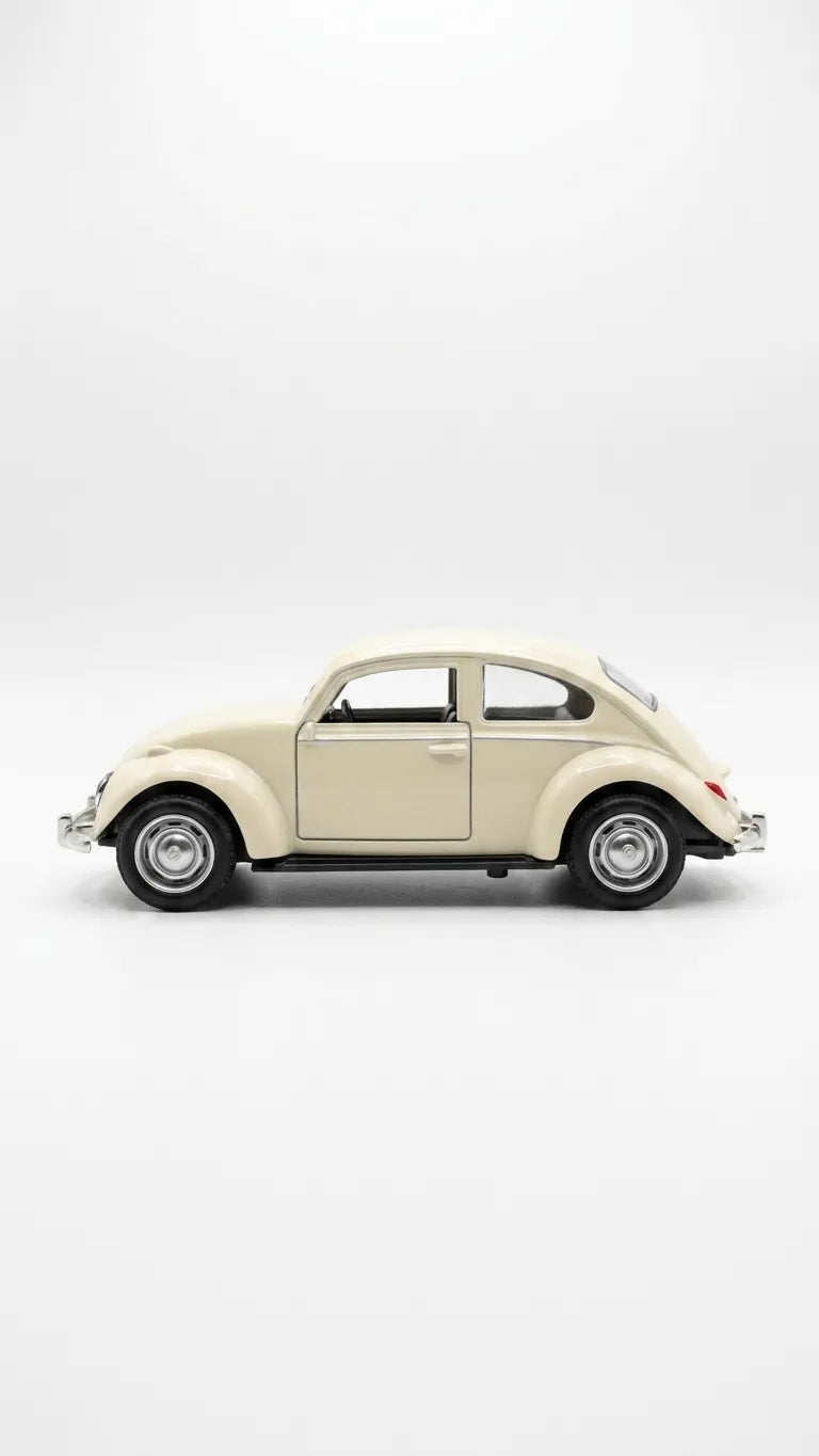 Beige Volkswagen Beetle diecast model car, side profile