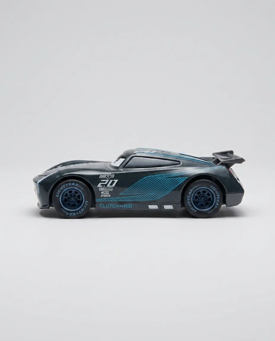 Small black diecast race car with teal stripes and number 20 on the hood