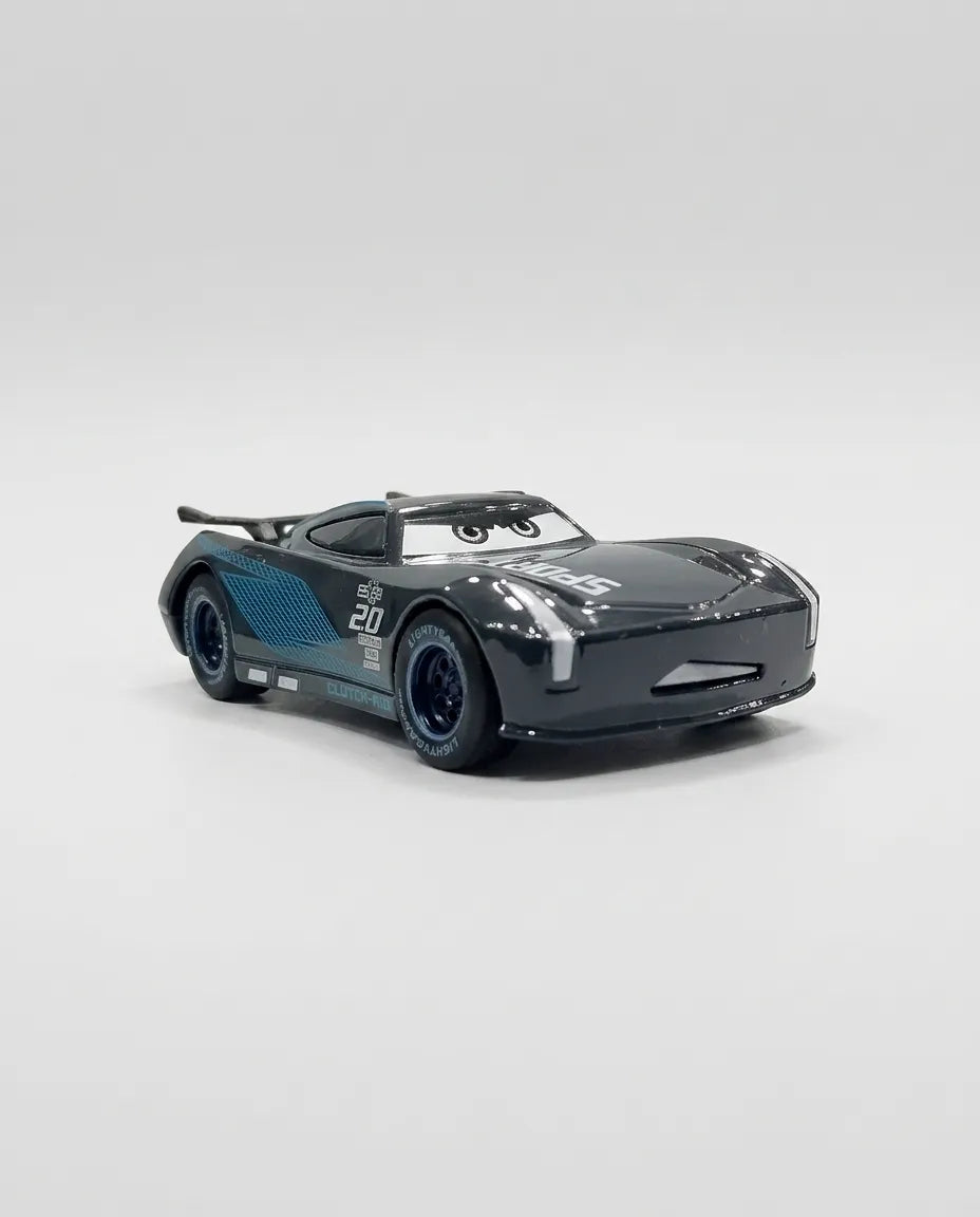 Black diecast pull-back race car with teal graphics, rear spoiler, and number 20