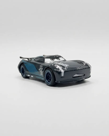 Black diecast pull-back race car with teal graphics, rear spoiler, and number 20