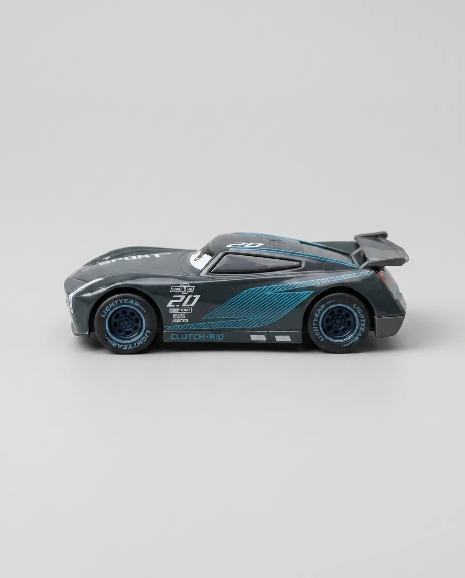 Front 3/4 view of black diecast race car with teal center stripe and number 20