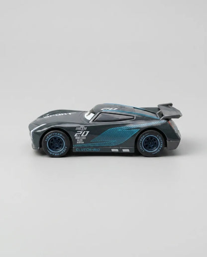 Front 3/4 view of black diecast race car with teal center stripe and number 20